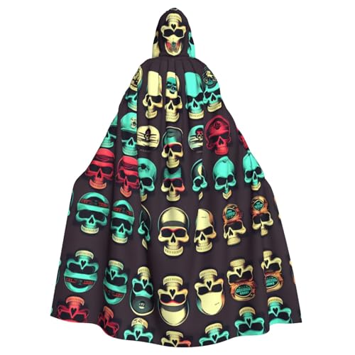 JIUTY Cooler Retro-Totenkopf-Grafikdruck, Maskerade für Erwachsene, wirtschaftlicher Kapuzenumhang, 140 cm lang, perfekt für Halloween-Partys, Tänze von JIUTY