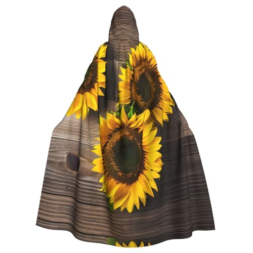 JIUTY Drei Sonnenblumen auf Holzdruck, Maskerade, wirtschaftlicher Kapuzenumhang für Erwachsene, 140 cm lang, perfekt für Halloween-Partys, Tänze von JIUTY