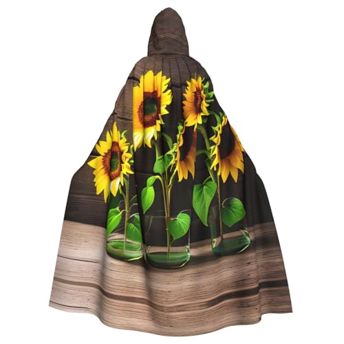JIUTY Drei Sonnenblumen auf Holzdruck, Maskerade, wirtschaftlicher Kapuzenumhang für Erwachsene, 140 cm lang, perfekt für Halloween-Partys, Tänze von JIUTY