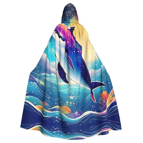 JIUTY Farbenfroher Sternenhimmel-Ozean-Delfin-Druck, Maskerade für Erwachsene, wirtschaftlicher Kapuzenumhang, 140 cm lang, perfekt für Halloween-Partys, Tänze von JIUTY