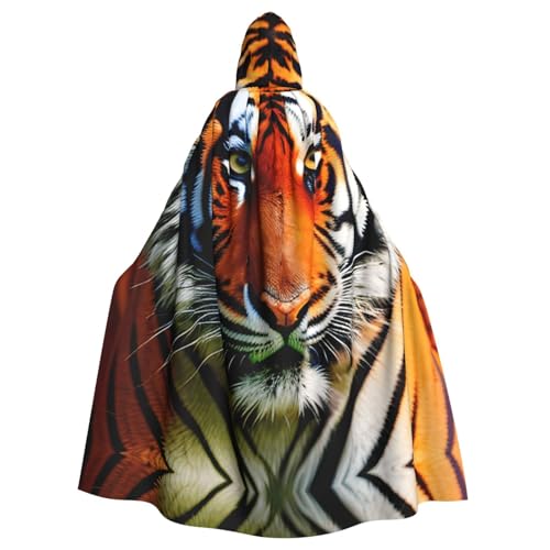 JIUTY Kapuzenumhang mit Tigerstreifen, orangefarbenes Muster, für Erwachsene, 140 cm lang, perfekt für Halloween-Partys, Tänze von JIUTY