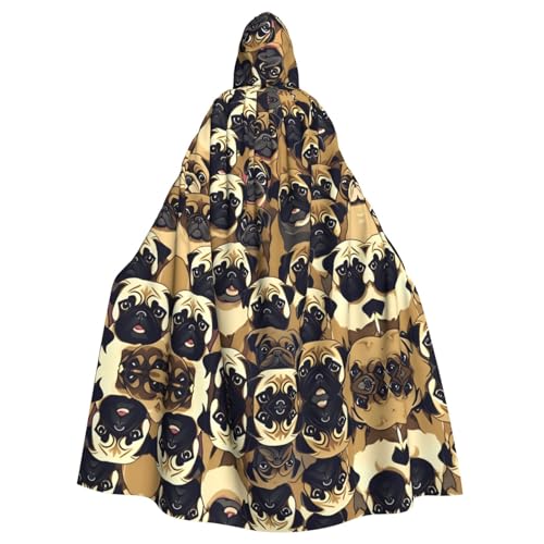 JIUTY Kapuzenumhang mit vielen Mops-Motiven, für Erwachsene, 140 cm lang, perfekt für Halloween-Partys, Tänze von JIUTY