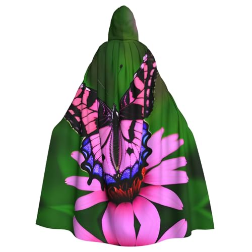 JIUTY Maskerade mit rosafarbenem Blumen- und Schmetterlingsdruck, für Erwachsene, wirtschaftlicher Umhang mit Kapuze, 140 cm lang, perfekt für Halloween-Partys, Tänze von JIUTY