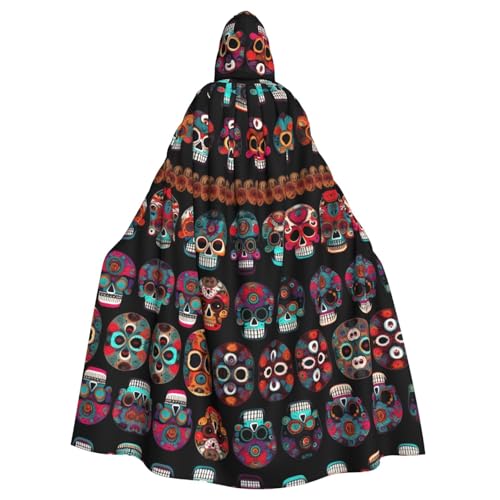 JIUTY Mexikanischer Totenkopf-Druck, Maskerade, wirtschaftlicher Kapuzenumhang für Erwachsene, 140 cm lang, perfekt für Halloween-Partys, Tänze von JIUTY