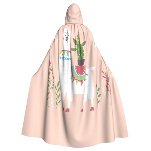 JIUTY Niedlicher handgezeichneter Lama-Druck, Maskerade für Erwachsene, wirtschaftlicher Kapuzenumhang, 140 cm lang, perfekt für Halloween-Partys, Tänze von JIUTY