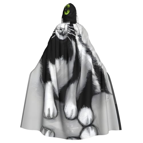 JIUTY Schwarze und weiße Katzen-Druck-Maskerade, Erwachsenen-Umhang mit Kapuze, 140 cm lang, perfekt für Halloween-Partys, Tänze von JIUTY