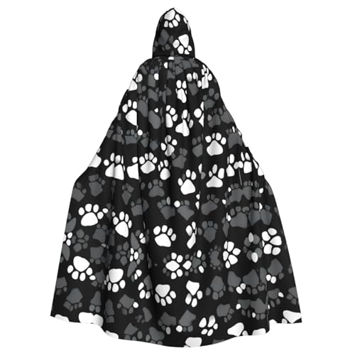 JIUTY Schwarzer und weißer Pfotenabdruck-Maskerade, Erwachsenen-Umhang mit Kapuze, 140 cm lang, perfekt für Halloween-Partys, Tänze von JIUTY