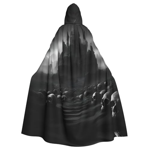 JIUTY Schwarzer und weißer Totenkopf-Druck, Maskerade für Erwachsene, wirtschaftlicher Kapuzenumhang, 140 cm lang, perfekt für Halloween-Partys, Tänze von JIUTY