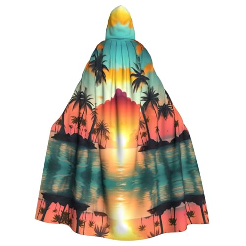 JIUTY Sonnenaufgang Tropische Palmeninsel Druck Maskerade für Erwachsene, wirtschaftlicher Kapuzenumhang, 140 cm lang, perfekt für Halloween-Partys, Tänze von JIUTY