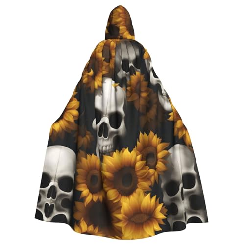 JIUTY Sonnenblumen-Halloween-Totenkopf-Druck, Maskerade für Erwachsene, wirtschaftlicher Kapuzenumhang, 140 cm lang, perfekt für Halloween-Partys, Tänze von JIUTY