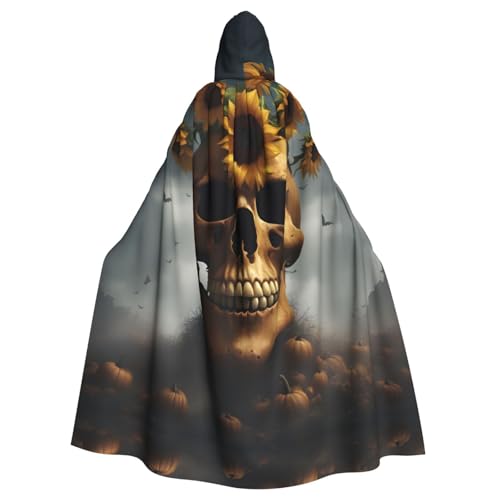 JIUTY Sonnenblumen-Halloween-Totenkopf-Druck, Maskerade für Erwachsene, wirtschaftlicher Kapuzenumhang, 140 cm lang, perfekt für Halloween-Partys, Tänze von JIUTY