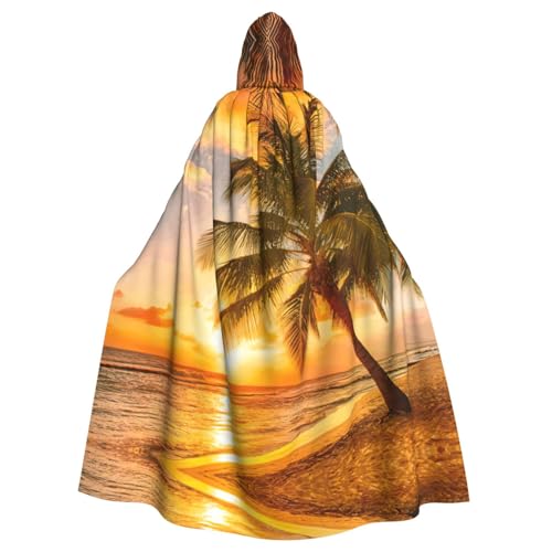 JIUTY Tropischer Strand-Palmen-Sonnenuntergang, 1 bedruckter Maskerade, Erwachsenen-Umhang, wirtschaftlicher Kapuzenumhang, 140 cm lang, perfekt für Halloween-Partys, Tänze von JIUTY