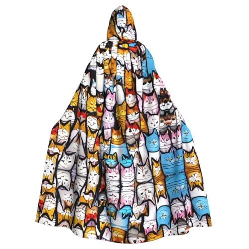 JIUTY Umhang mit vielen Cartoon-Katzen, Erwachsenen-Umhang mit Kapuze, 140 cm lang, perfekt für Halloween-Partys, Tänze von JIUTY
