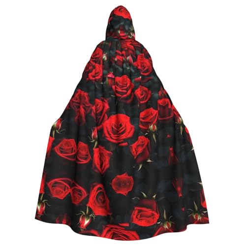 JIUTY Umhang mit vielen roten Rosen, mit Kapuze, 140 cm lang, perfekt für Halloween-Partys, Tänze von JIUTY