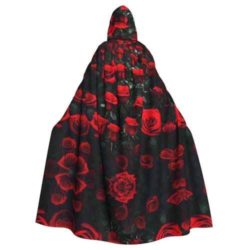 JIUTY Umhang mit vielen roten Rosen, mit Kapuze, 140 cm lang, perfekt für Halloween-Partys, Tänze von JIUTY