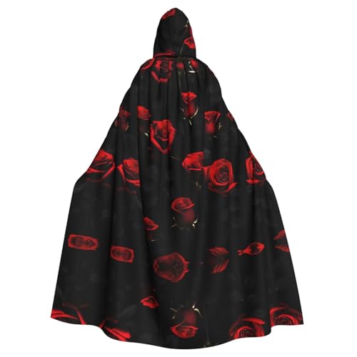 JIUTY Umhang mit vielen roten Rosen und schwarzem Hintergrund, für Erwachsene, wirtschaftlicher Kapuzenumhang, 140 cm lang, perfekt für Halloween-Partys, Tänze von JIUTY