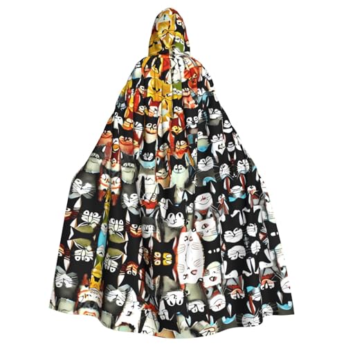 JIUTY Viele Cartoon-Katzen-Druck-Maskerade, wirtschaftlicher Kapuzenumhang für Erwachsene, 140 cm lang, perfekt für Halloween-Partys, Tänze von JIUTY