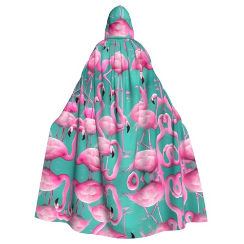 JIUTY Wunderschöner rosa Flamingo-Druck, Maskerade für Erwachsene, wirtschaftlicher Kapuzenumhang, 140 cm lang, perfekt für Halloween-Partys, Tänze von JIUTY