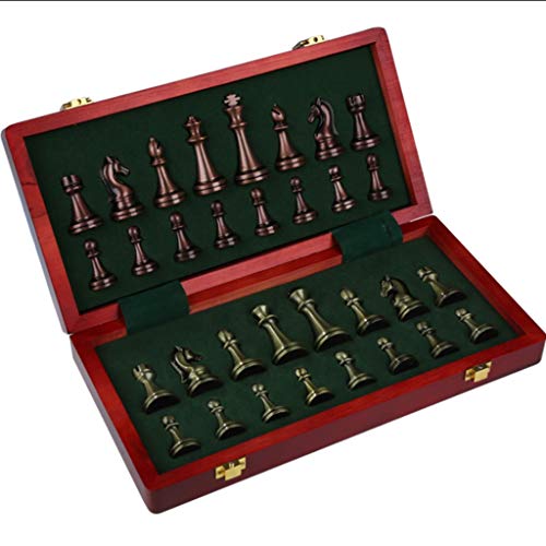 JIYTG Metal International Chess with Folding Wooden Chessboard and Chessmen Storage Slots for Gift Family Party Game von JIYTG