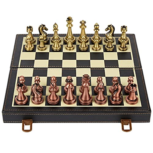 JIYTG Schachbrett-Set, tragbares internationales Schachset mit klappbarem Schachbrett aus Leder oder Holz und handgefertigten Standardstücken, Metall, Kupfer, Schachset, 27,9 cm Schachsets von JIYTG