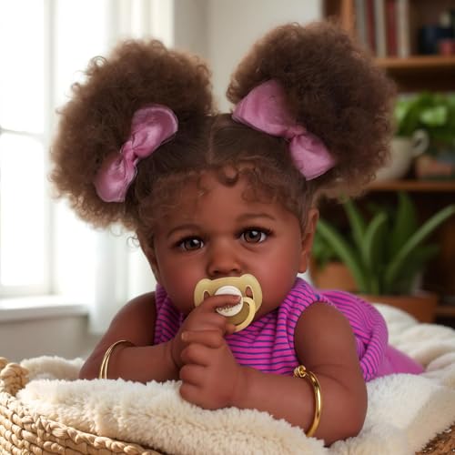JIZHI Reborn-Babypuppen Afrikanisch 22zoll Lebensecht Mädchen weicher Körper Realistische Neugeborene Babypuppen echte Babypuppen Taupefarbene Augen Karamellfarbene Haut, lockiges Haar von JIZHI
