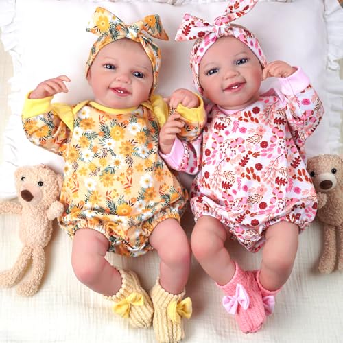 JIZHI Reborn Puppen Zwillinge Mädchen 20 Zoll 50cm Realistische Baby Puppen die echt Aussehen Realistische Neugeborene Baby Weich Body Lebensechte Babys Puppen(Blumen) von JIZHI