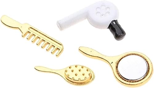 Miniaturkamm, 4-teiliges Haartrockner-Spiegel-Make-up-Set, Puppenhaus-Dekorationen, Haartrockner, Puppenhausspiegel, Miniatur-Badezimmer-Zubehör Miniaturkamm, 4-teiliges Haartrockner-Spiegel-Make-up-Set, Puppenhaus-Dekorationen, Haartrockner, Puppenhausspiegel, Miniatur-Badezimmer-Zubehör von JIzian
