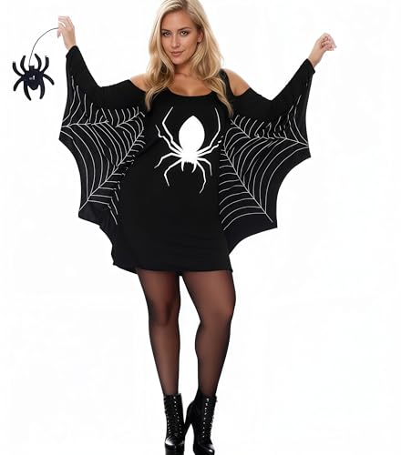 JJ-GOGO Halloween-Kostüm mit Fledermausärmeln, weißes Spinnennetz-Jersey, Tunika-Kleid mit Fledermausärmeln, Gothic-Stil, Spinnen-Design, Größe S-4XL (89052, XL) von JJ-GOGO
