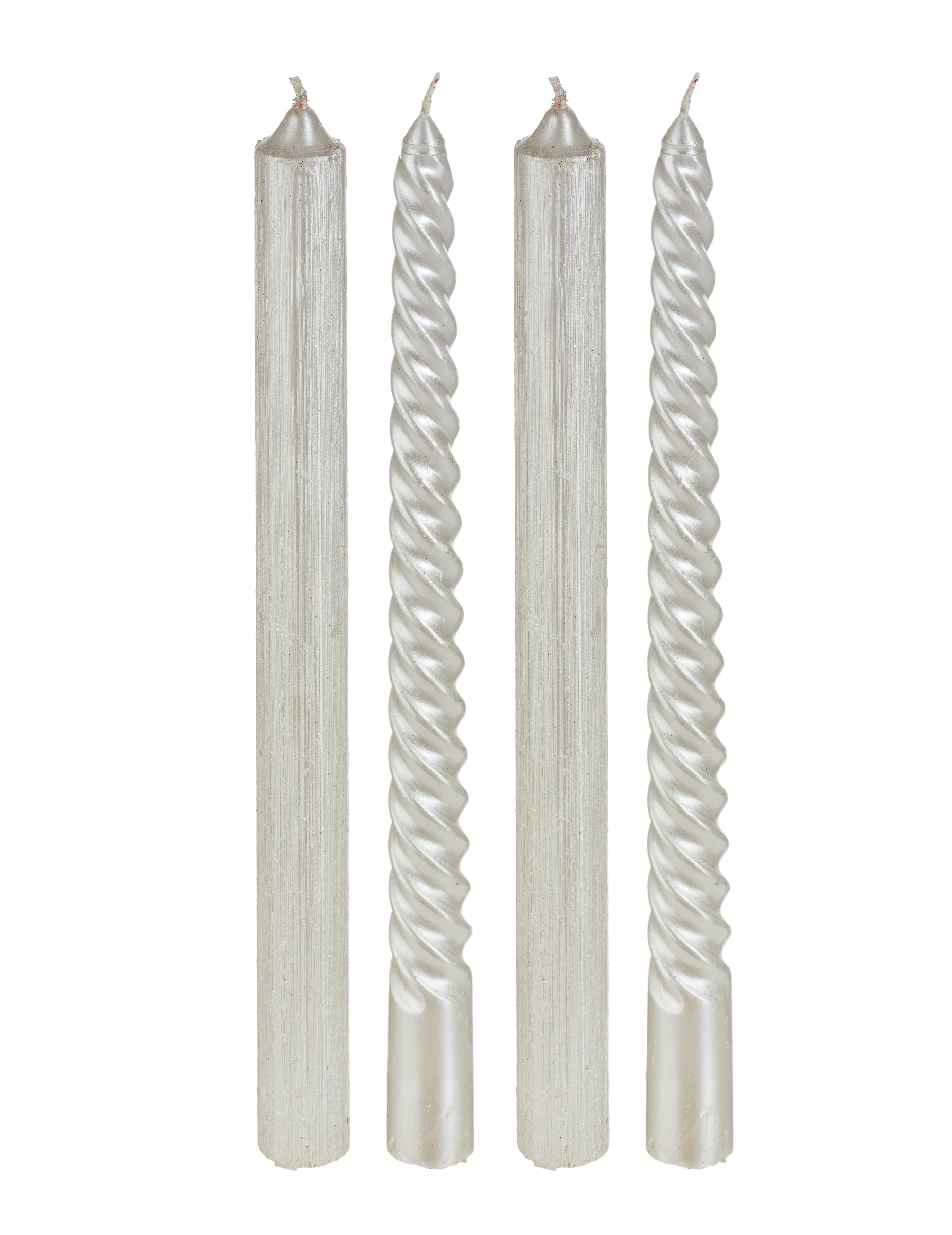 4 weiße Glitzer-Stabkerzen 25 cm gedreht 4 weiße Glitzer-Stabkerzen 25 cm gedreht von JJA