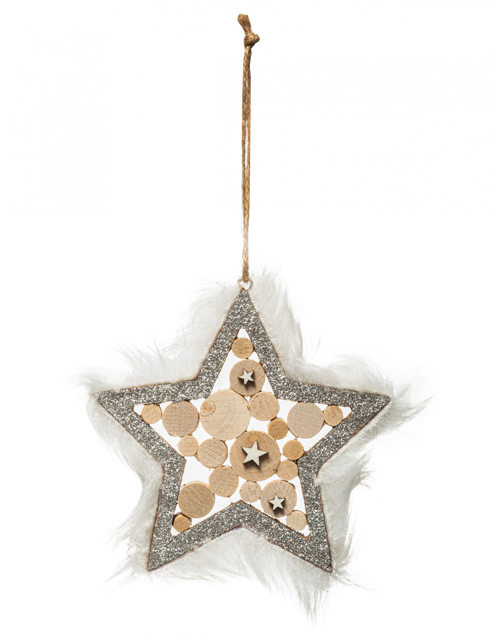 Stern-Hängedeko mit Fell Christbaumschmuck silberfarben-braun-weiß 12 cm von JJA
