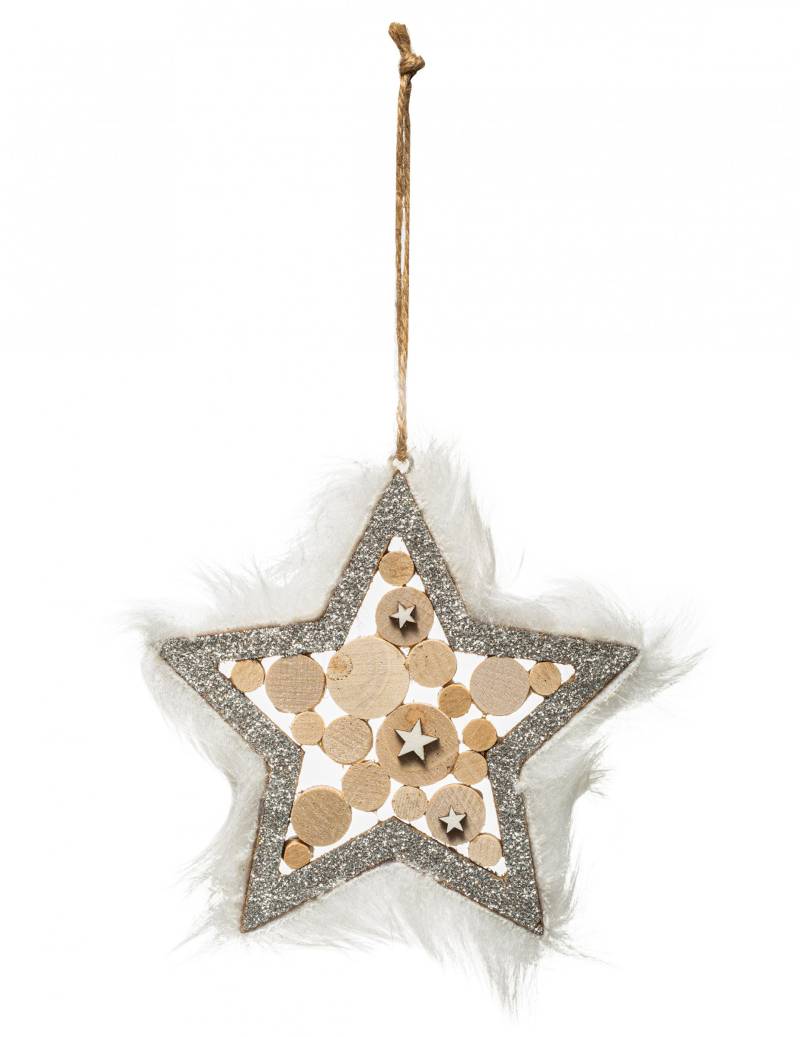 Stern-Hängedeko mit Fell Christbaumschmuck silberfarben-braun-weiß 12 cm von JJA