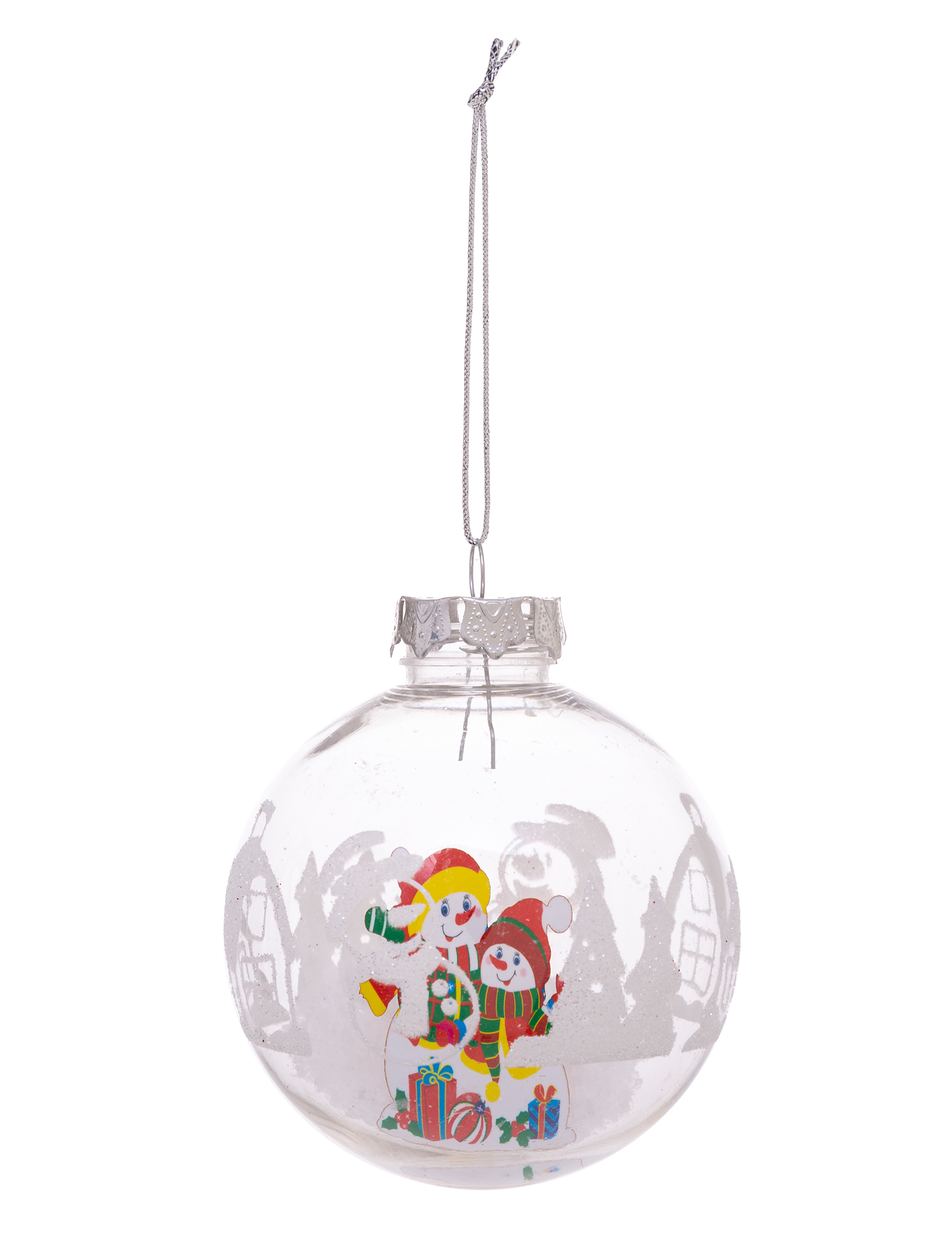 Transparente Weihnachtskugel mit Schneeflocken und Schneemännern bunt 8 cm von JJA