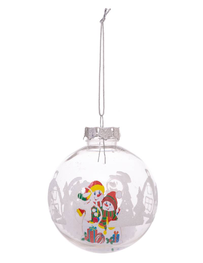 Transparente Weihnachtskugel mit Schneeflocken und Schneemännern bunt 8 cm von JJA