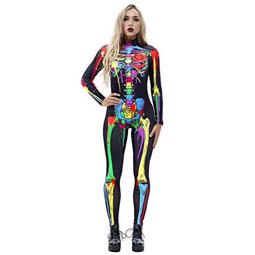 JJEUWE Damen Skelett Halloween Bodysuit Stretch Skinny Catsuit Jumpsuit - mehrfarbig - Medium von JJEUWE