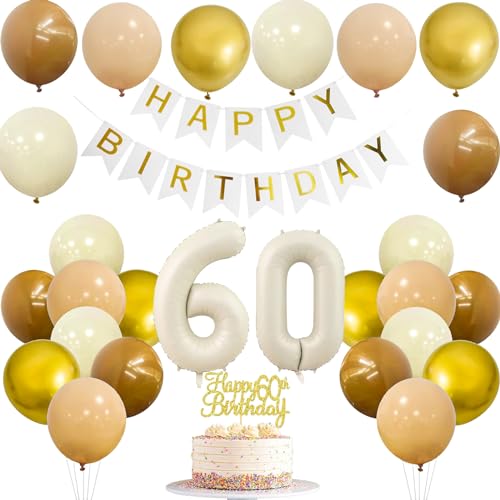 JJJZAMZ 60. Geburtstag Deko für Frau und Mann - Banner, Girlande, Zahl 60 Luftballons, Tortendeko - Beige Braun Gold Party Ballons für Dekoration von JJJZAMZ