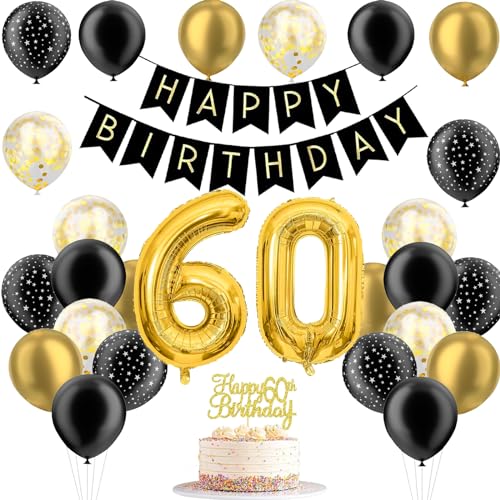 JJJZAMZ 60. Geburtstag Frauen Manner, Deko 60 Geburtstag Mann Happy Birthday Girlande, Zahlen Luftballon 60 und Tortendeko , Luftballons Schwarz, von JJJZAMZ