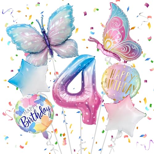 JJJZAMZ Schmetterling Geburtstagsdeko 4 Jahre, Luftballon 4 Geburtstag Mädchen, Folienballon, Deko für Party von JJJZAMZ