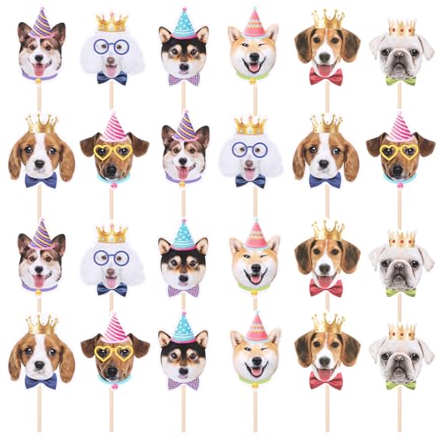 JJUNW 24 Stück Hunde Cupcake Topper, Hunde-Welpengesichter Muffin Deko Tier Tortenaufleger für Hunde Welpen Motto Party Kindergeburtstag Party Dekorationen von JJUNW