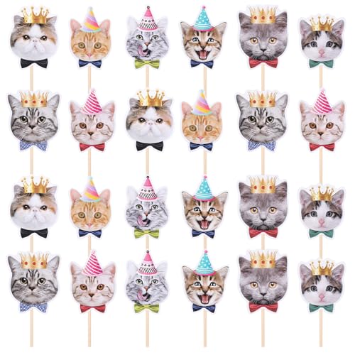 JJUNW 24 Stück Katze Geburtstag Cupcake Topper, Katzen Muffin Deko Tier Tortenaufleger Kuchen Dekoration für Katze Pet Party Kindergeburtstag Party Dekorationen von JJUNW