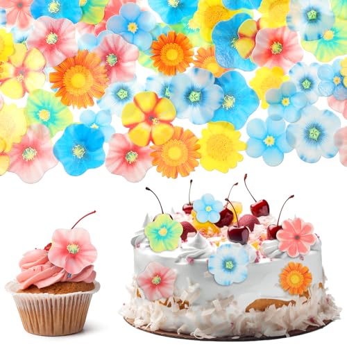 JJUNW 80 Stück Essbare Blumen für Torte, Tortendeko Blumen Essbar, Blüten für Torte aus Esspapier Blüten-Deko-Torte Cupcake Topper für Hochzeit Geburtstag Babyparty von JJUNW