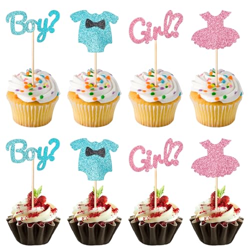 JJUNW 36 Stück Boy or Girl Tortendeko Cake Topper, Junge oder Mädchen Cupcake Toppers Glitzer Gender Reveal Party Deko für Baby Shower Kindergeburtstagtoppers Glitter Blau Rosa von JJUNW