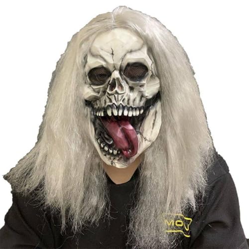 JJaydaily Gruselige Totenkopfmaske mit Haar und Zunge - Vollkopf Sensenmann Halloween Kostüm Maske, Gruseliges Skelett Cosplay Requisite für Horror Partys & Events von JJaydaily