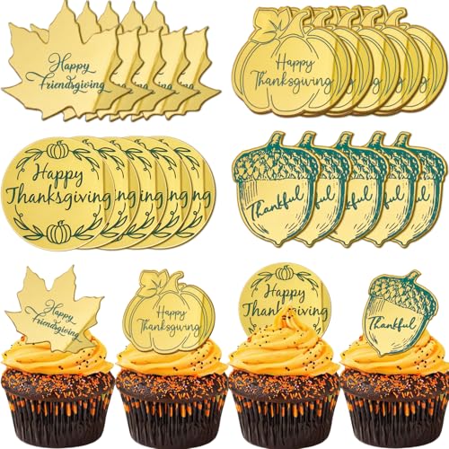 Cupcake-Topper mit Herbsternte-Motiv, Happy Thanksgiving, Acryl, graviert, Herbst-Ahornblätter, Kürbis, Truthahn, Cukcake-Dekorationen für Herbsternte, Erntedankfest, Partyzubehör, 20 Stück von JJzxwish