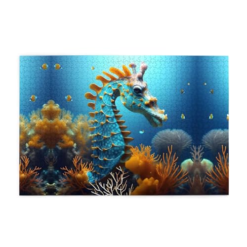 Jigsaw Puzzles1000 Teile Jkiegoq Blue Seepferdchen gedruckt pädagogische intellektuelle Holzpuzzles lustige Puzzles Stressabbau-Spiel von JKIEGOQ