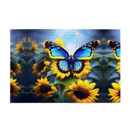 Jigsaw Puzzles1000 Teile Jkiegoq Sonnenblume Blau Schmetterling Gedruckt Pädagogische Intellektuelle Holzpuzzles Lustige Puzzles Stressabbau-Spiel von JKIEGOQ