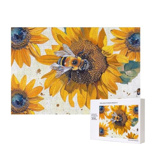Biene auf Sonnenblume bedrucktes Intelligenz-Puzzle aus Holz, 40 x 28 cm, 300 Teile (verpackt), Puzzle, Lernspiel für Erwachsene, Heimdekoration, Puzzle von JKSEEPYN