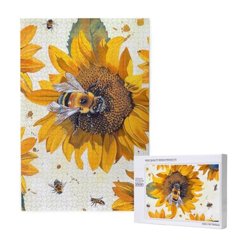 Biene auf Sonnenblume bedrucktes Intelligenz-Puzzle aus Holz, 50 x 75 cm, 1000 Teile (in Box), Lernspiel für Erwachsene, Heimdekoration, Puzzle von JKSEEPYN