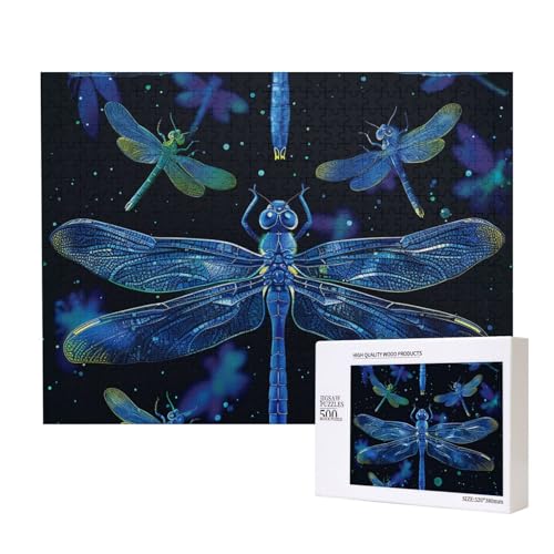 Blaue Libelle, bedrucktes Intelligenz-Puzzle aus Holz, 52 x 38 cm, 500 Teile (verpackt), Puzzle, Lernspiel für Erwachsene, Heimdekoration, Puzzle von JKSEEPYN