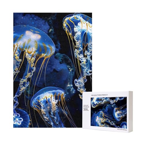 Blaue und goldene Quallen gedrucktes Intelligenz-Puzzle aus Holz, 28 x 40 cm, 300 Teile (verpackt), Lernspiel für Erwachsene, Heimdekorationspuzzle von JKSEEPYN