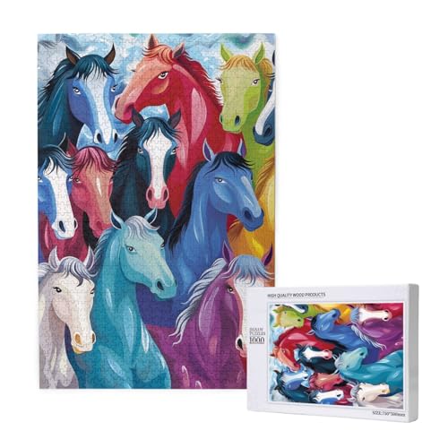Bunte Cartoon-Pferde, bedrucktes Intelligenz-Puzzle, Holz, 50 x 75 cm, 1000 Teile (verpackt), Puzzle, Lernspiel für Erwachsene, Heimdekoration, Puzzle von JKSEEPYN